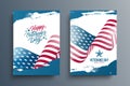 Veterans Day. United States Veterans Day celebrate posters set with waving American national flag and blue brush strokes. Royalty Free Stock Photo