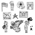 Veterans Day vector hand drawn set. American flag, red poppy, USA government symbols, american bald eagle, saluting soldier, kids Royalty Free Stock Photo