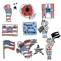 Veterans Day vector hand drawn set. American flag, red poppy, USA government symbols, american bald eagle, saluting soldier, kids Royalty Free Stock Photo