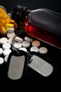 Veterans returning with PTSD and self medication with prescription pills and alcohol concept with a dark themed image of military