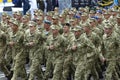 Veterans of Russia-Ukraine war marching.Military parade dedicated to Day of Independence of Ukraine