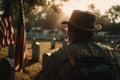 Veterans stands near graves of American heroes, sunlight, Memorial Day