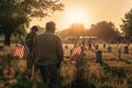 Veterans stands near graves of American heroes, sunlight, Memorial Day