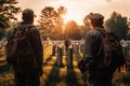 Veterans stands near graves of American heroes, sunlight