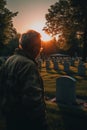 Veterans stands near graves of American heroes, sunlight, Memorial Day