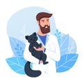The profession is a veterinarian, a man is holding a black cat. Vet doctor curing cute pets. Vector illustration