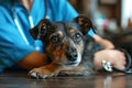 Veterinarian in blue uniform with stethoscope performing a routine examination of a dog in a vet clinic. Close-up Royalty Free Stock Photo