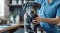 Veterinarian in blue uniform with stethoscope performing a routine examination of a dog in a vet clinic. Close-up Royalty Free Stock Photo