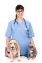 Veterinarian with cat and dog. isolated on white background Royalty Free Stock Photo