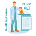 Veterinarian with a cat. Vet clinic inscription. Place for your text. Vector illustration in flat style Royalty Free Stock Photo