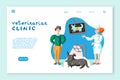 Veterinarian clinic landing page layout. Man with dog at veterinary office illustration