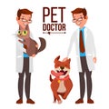 Veterinarian Male Vector. Dog And Cat. Medicine Hospital. Pet Doctor. Health Care Clinic Concept. Isolated Flat Cartoon Royalty Free Stock Photo
