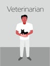 Veterinarian man holding black cat vector illustration. Pets health care concept.