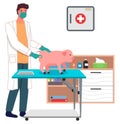 Veterinarian man with little piggy in the medical office. Doctor gives an injection to a sick pig