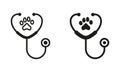 Veterinarian Medicine Equipment Line and Silhouette Icon Set. Stethoscope and Animal Footprint Veterinary Concept. Pet