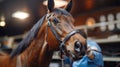 Veterinarian performing a check-up on a brown horse in a stable. Veterinary Day