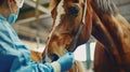 Veterinarian performing a check-up on a brown horse in a stable. Veterinary Day