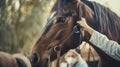 Veterinarian performing a check-up on a brown horse in a stable. Veterinary Day