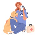 Veterinarian with pets. A smiling female doctor with cute cat and happy dog on a white background in cartoon style Royalty Free Stock Photo