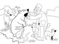 Veterinarian treats animals in the forest raster illustration. Black and white, coloring