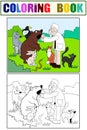 Veterinarian treats animals in the forest raster illustration. Color, Black and white