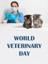 Veterinarian and two cute little kittens vertical photo with the inscription World Veterinary Day.