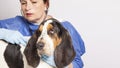 Veterinarian woman with bassethound dog Royalty Free Stock Photo