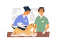 Veterinarians implanting electronic microchip into dog. Vet doctors checking for micro chip under skin of pet with Royalty Free Stock Photo