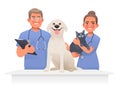 Veterinarians with pets. Man and woman, workers of the vet clinic with a cat and a dog on a white background Royalty Free Stock Photo