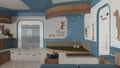 Veterinary architecture project in blue and wooden tones. Waiting room with sitting benches and pillows, reception desk. Play