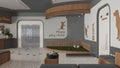 Veterinary architecture project in gray and wooden tones. Waiting room with sitting benches and pillows, reception desk. Play