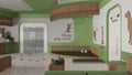 Veterinary architecture project in green and wooden tones. Waiting room with sitting benches and pillows, reception desk. Play