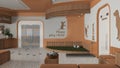 Veterinary architecture project in orange and wooden tones. Waiting room with sitting benches and pillows, reception desk. Play