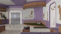 Veterinary architecture project in purple and wooden tones. Waiting room with sitting benches and pillows, reception desk. Play