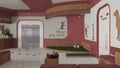 Veterinary architecture project in red and wooden tones. Waiting room with sitting benches and pillows, reception desk. Play