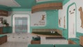 Veterinary architecture project in turquoise and wooden tones. Waiting room with sitting benches and pillows, reception desk. Play