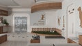 Veterinary architecture project in white and wooden tones. Waiting room with sitting benches and pillows, reception desk. Play