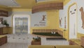 Veterinary architecture project in yellow and wooden tones. Waiting room with sitting benches and pillows, reception desk. Play