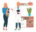 Veterinary care flat illustration. Veterinarian woman meet girl with raccoon in the medical office Royalty Free Stock Photo