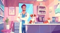 Veterinary clinic cabinet with animals and doctor. Veterinarian with dog and cat in his office, animals medical Royalty Free Stock Photo