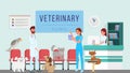 Veterinary clinic flat vector illustration. Vets, professional veterinarians checking domestic animals, pets health