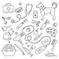 Veterinary clinic, pharmacy and a set of medical instruments. Vector illustration, Doodle. Treatment of animals.