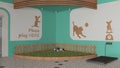 Veterinary clinic play garden for dogs and cats, turquoise and wooden tones, green grass with balls. Relax area for pets. Pet