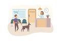 Veterinary clinic scene. Man with dog visits vet