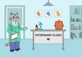 Veterinary clinic vector illustration - cartoon doctor cat invites patients to the medical office