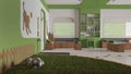 Veterinary clinic waiting room in green and wooden tones. Play garden with grass and toys for pets, sitting area with benches, Royalty Free Stock Photo