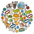 Veterinary clinic, zoo, pet shop. Cats, dogs, fish, parrot. Toys for animals, animal care.