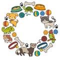 Veterinary clinic, zoo, pet shop. Cats, dogs, fish, parrot. Toys for animals, animal care.