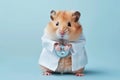 Veterinary concept. Hamster health care. Cute syrian hamster doctor on blue background