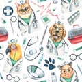 Veterinary doctors hamster, dog, cat, parrot, pet carrier, medicines. Watercolor illustration, hand drawn Seamless Royalty Free Stock Photo